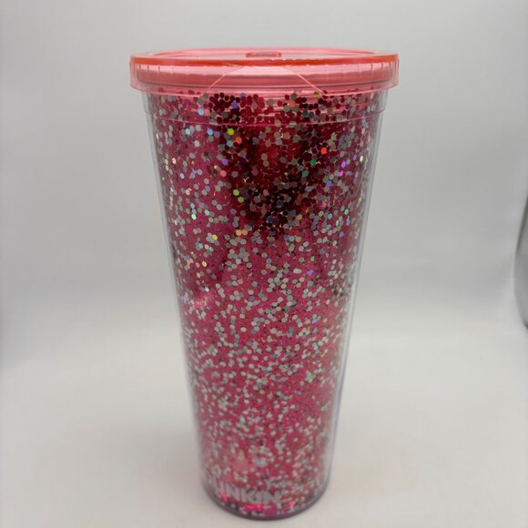 Dunkin Donuts I Love Dunkin Heart Glitter Coffee Cup Missing Straw Pink 24 oz - Picture 8 of 16